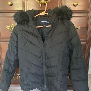 Lands' End Women's Black Puffer Coat with Fur Trim